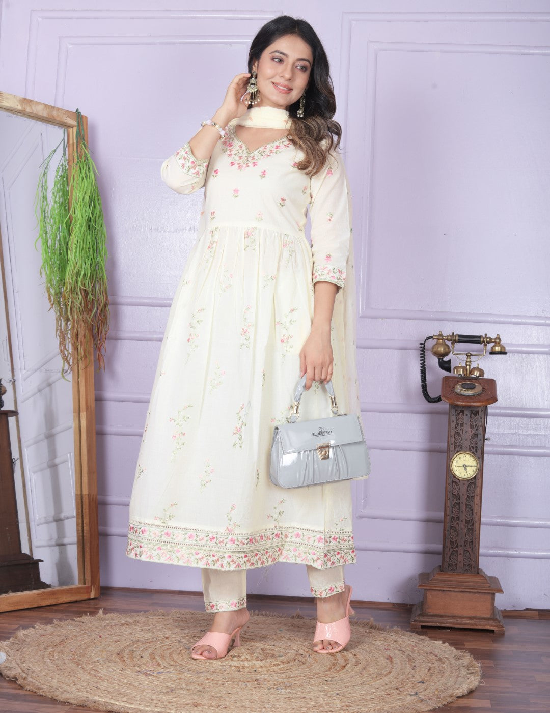 Off White Embroidery Flare Cotton Suit