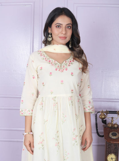 Off White Embroidery Flare Cotton Suit