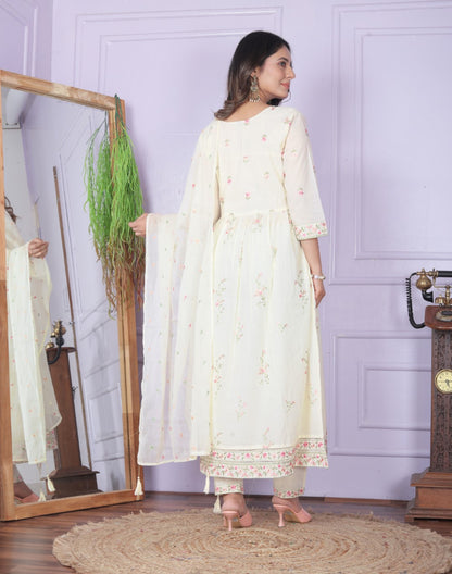 Off White Embroidery Flare Cotton Suit