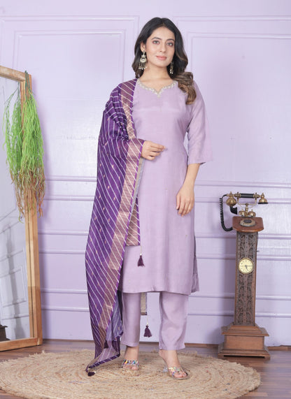 Purple Viscose Muslin Hand Work Suit Set