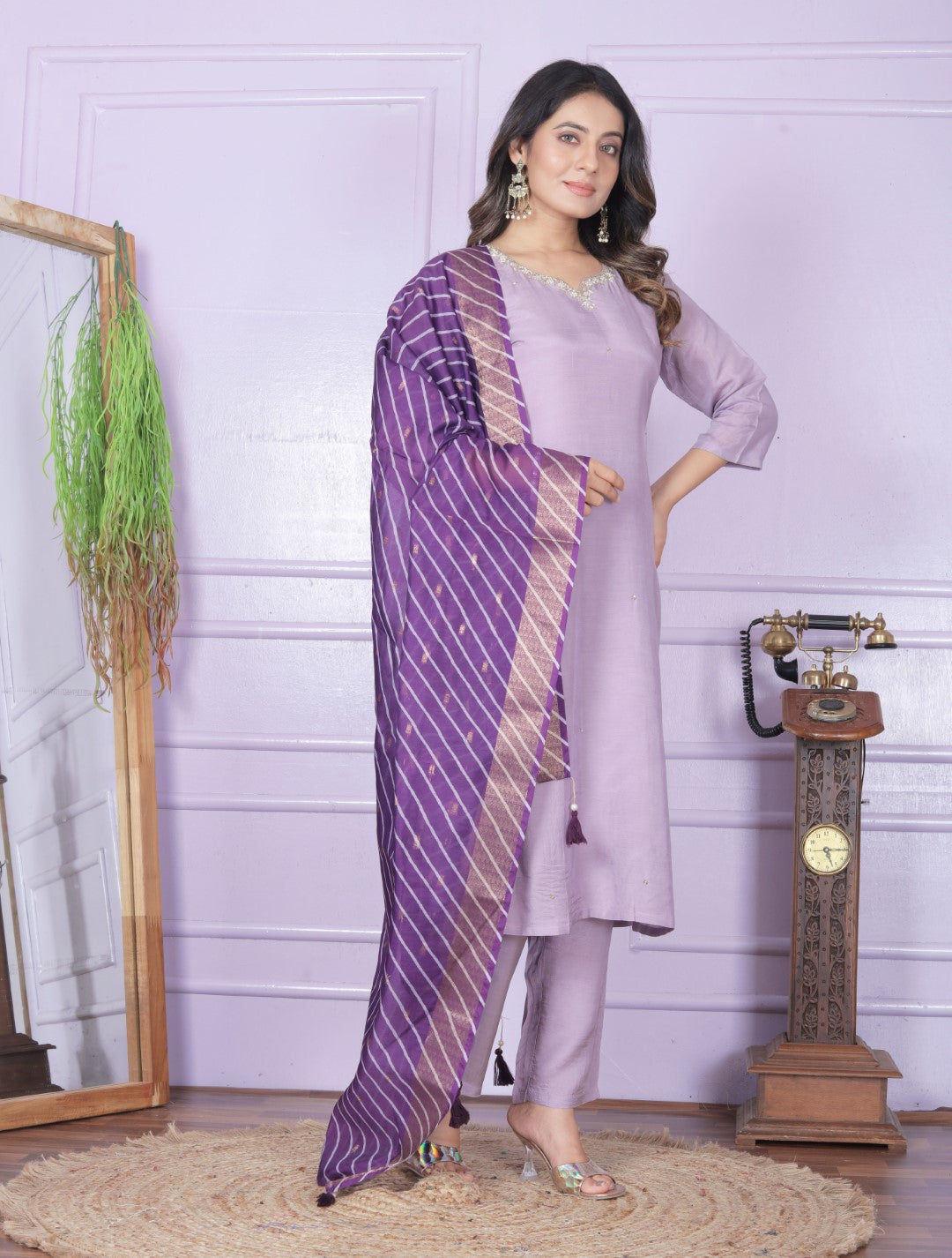 Purple Viscose Muslin Hand Work Suit Set