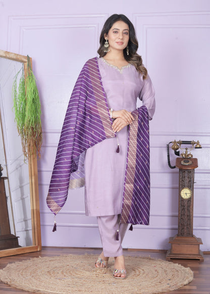 Purple Viscose Muslin Hand Work Suit Set