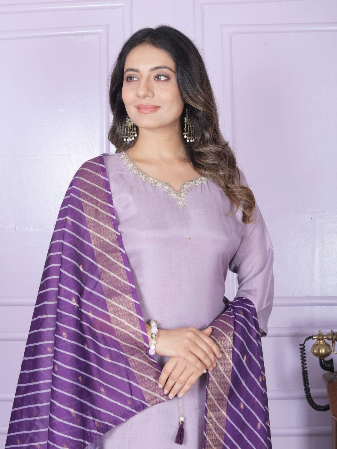 Purple Viscose Muslin Hand Work Suit Set
