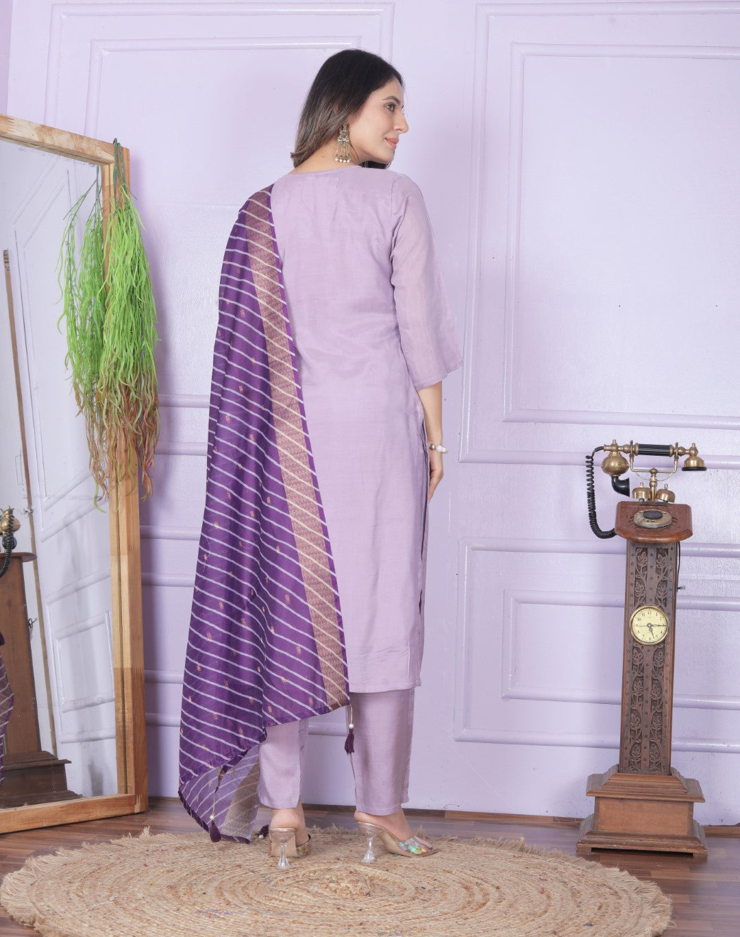 Purple Viscose Muslin Hand Work Suit Set
