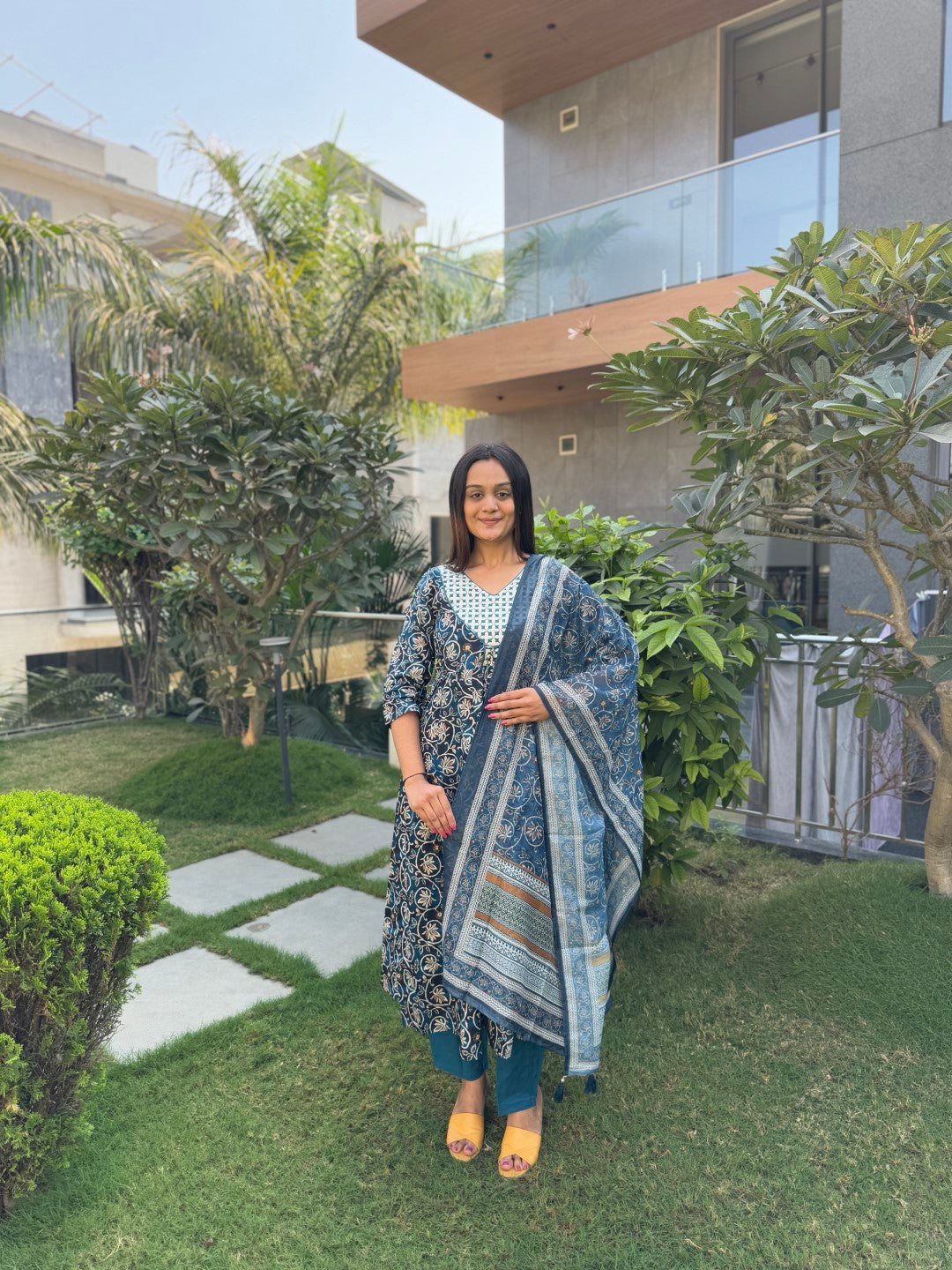 Indigo Anarkali Pure Cotton Suit Set