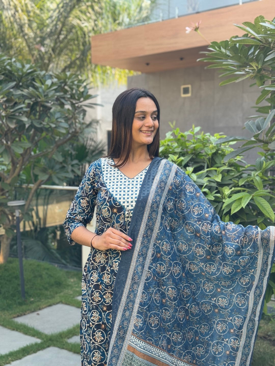 Indigo Anarkali Pure Cotton Suit Set