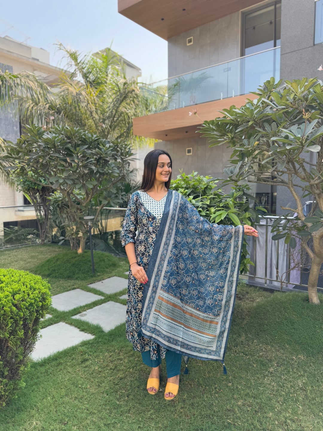 Indigo Anarkali Pure Cotton Suit Set