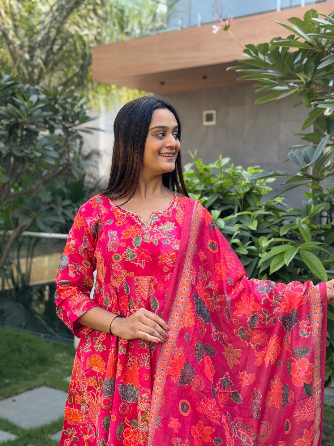 Gorgeous Rani Cotton Anarkali Set with Handwork and Printed Dupatta