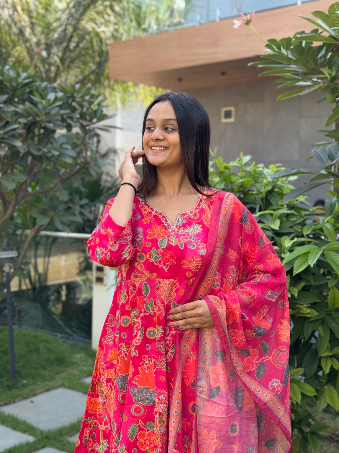 Gorgeous Rani Cotton Anarkali Set with Handwork and Printed Dupatta
