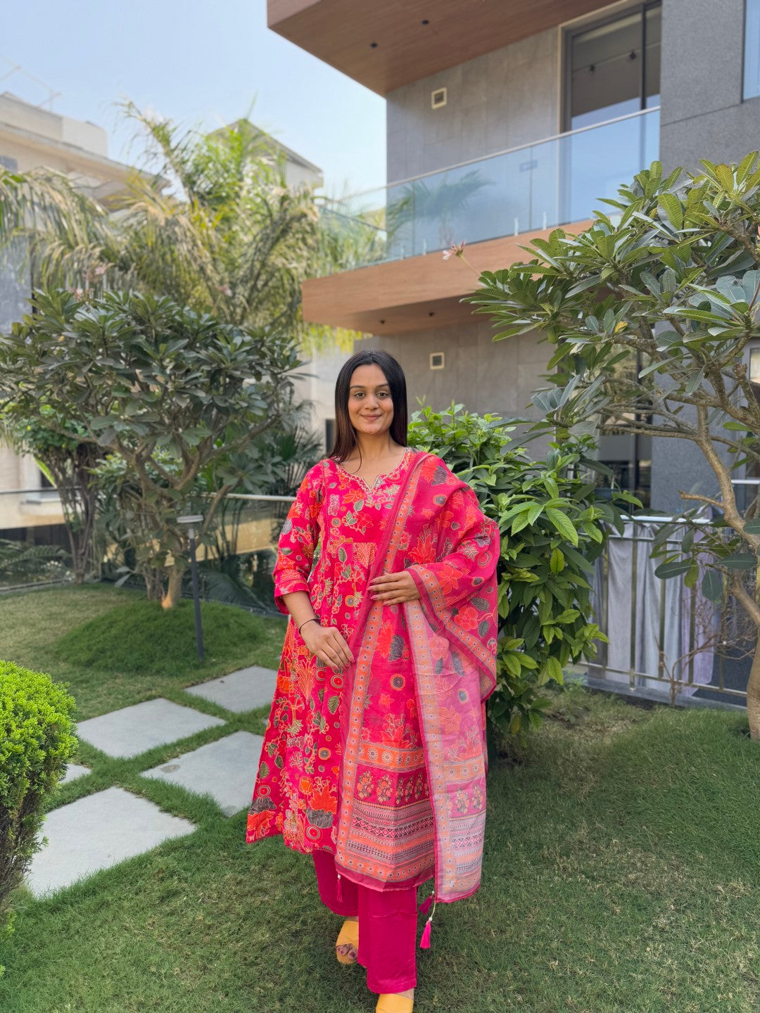Gorgeous Rani Cotton Anarkali Set with Handwork and Printed Dupatta