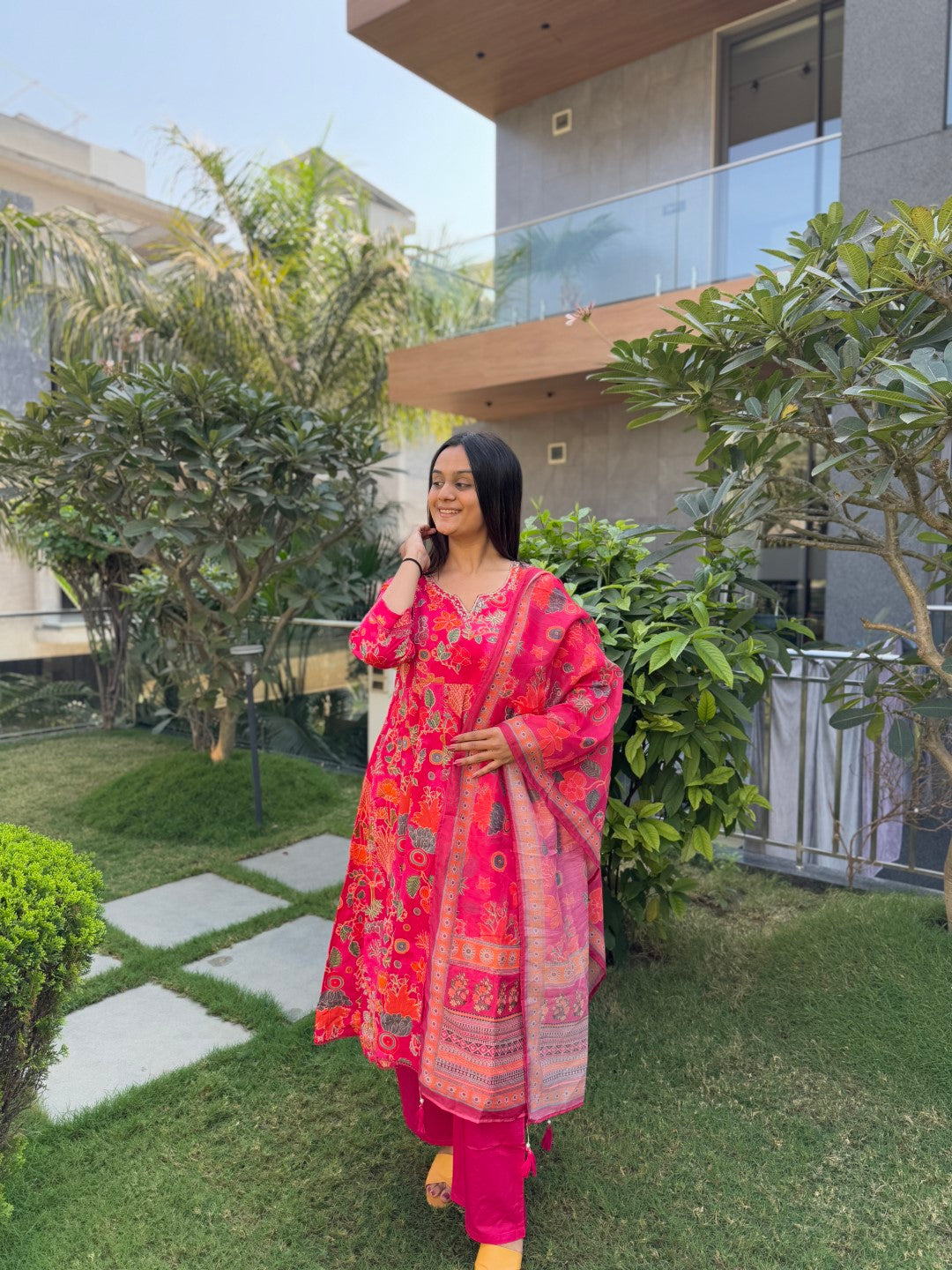 Gorgeous Rani Cotton Anarkali Set with Handwork and Printed Dupatta