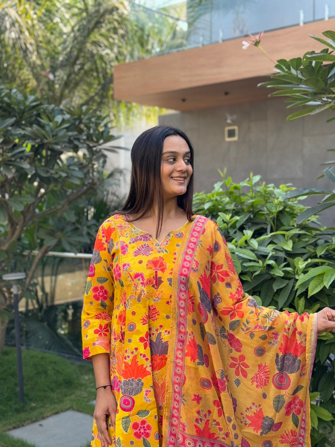 Stunning Yellow Cotton Anarkali Set with Handwork and Printed Dupatta
