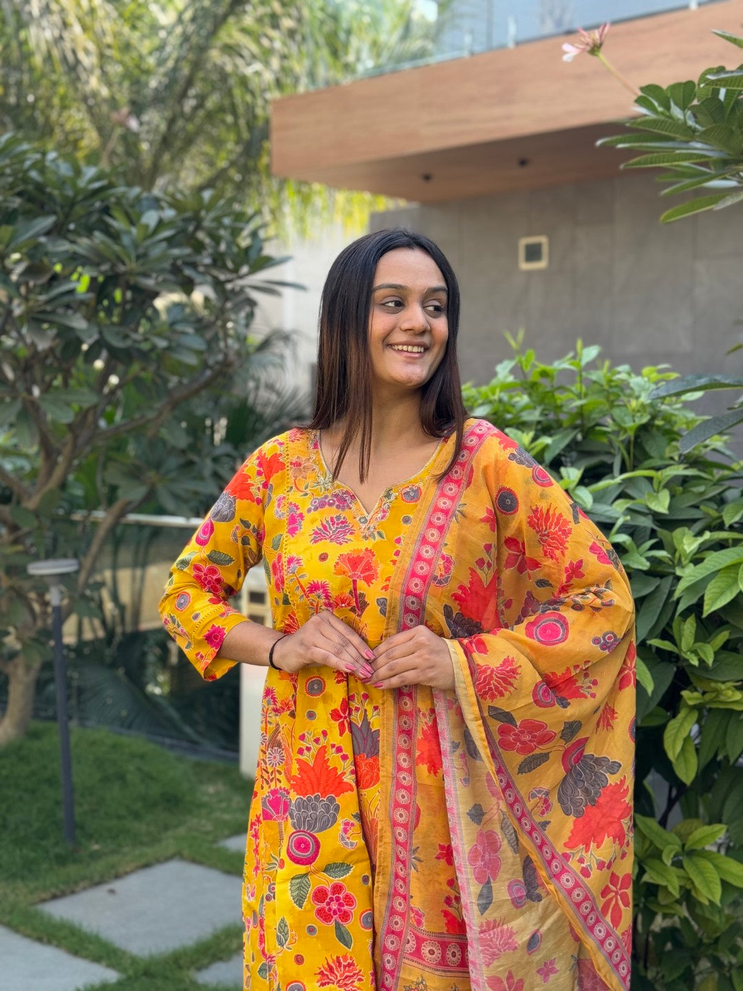 Stunning Yellow Cotton Anarkali Set with Handwork and Printed Dupatta