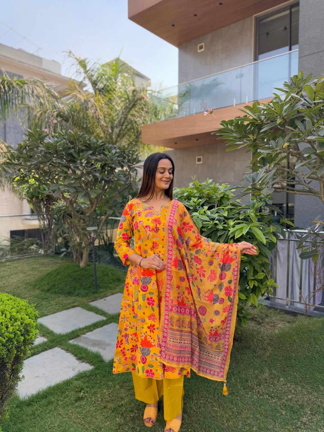 Stunning Yellow Cotton Anarkali Set with Handwork and Printed Dupatta