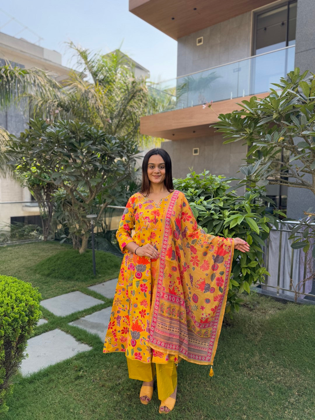 Stunning Yellow Cotton Anarkali Set with Handwork and Printed Dupatta