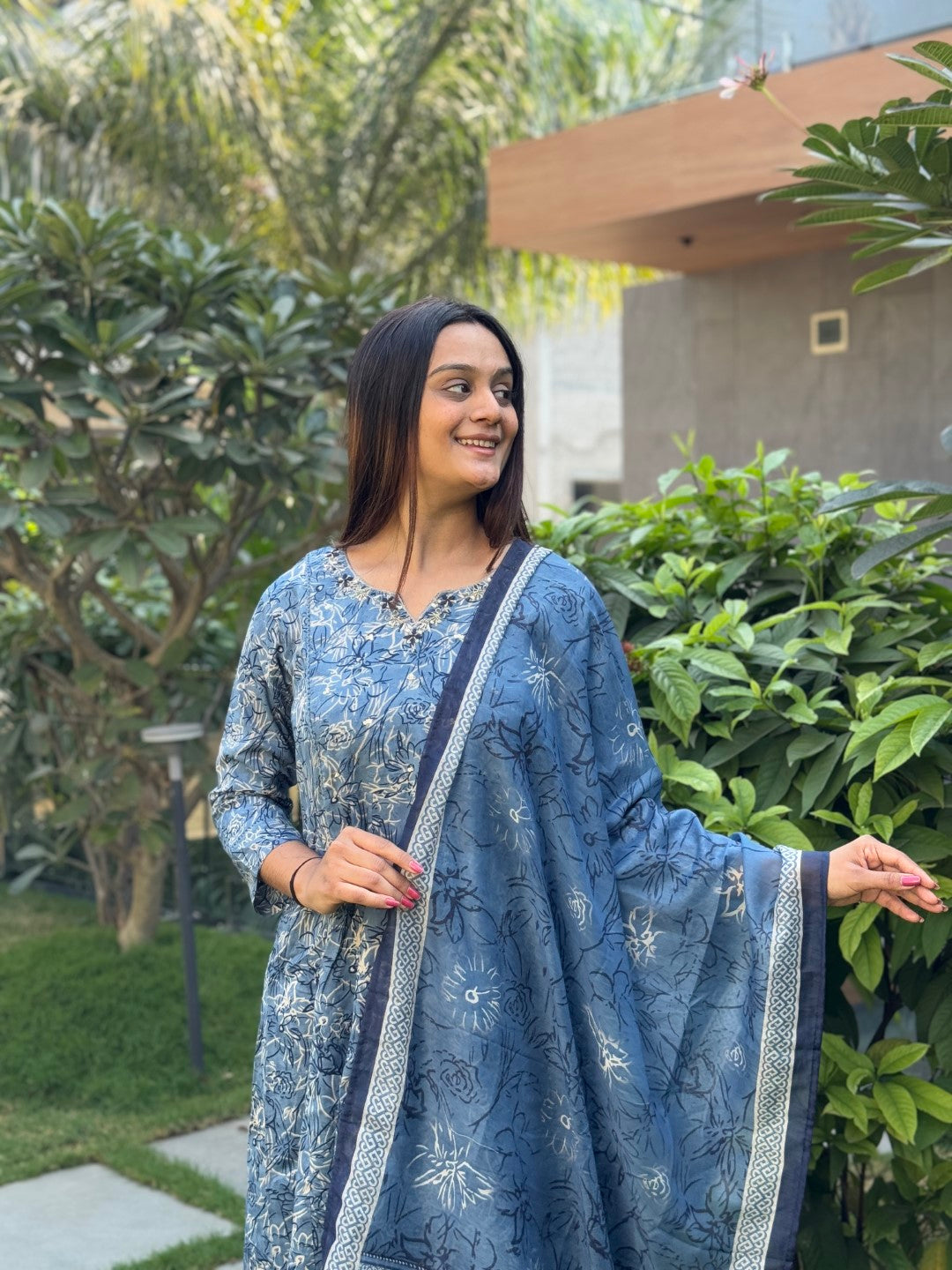 Elegant Blue Cotton Anarkali Set with Handwork and Printed Dupatta