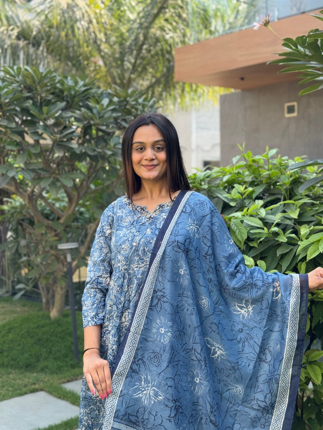 Elegant Blue Cotton Anarkali Set with Handwork and Printed Dupatta
