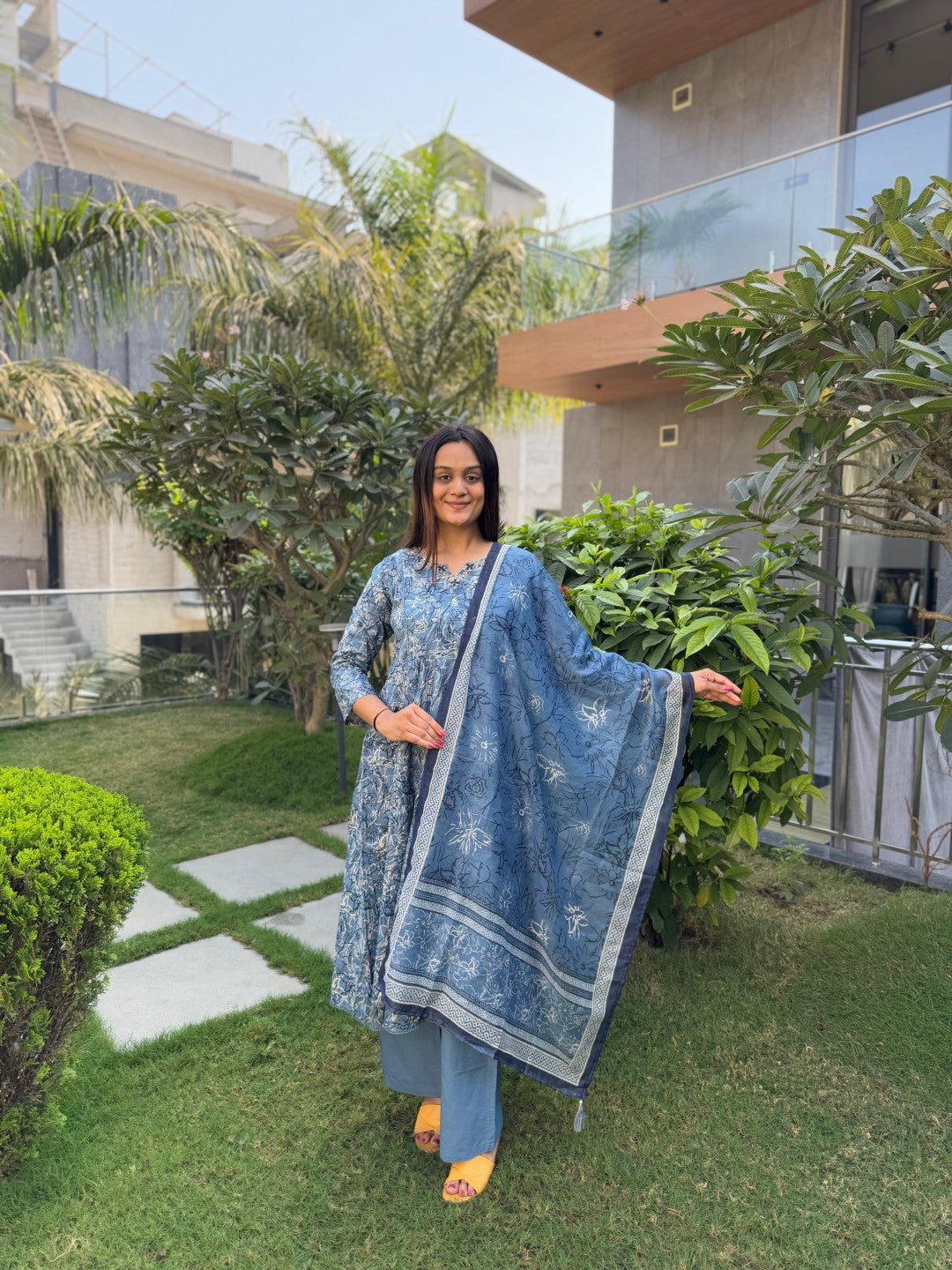 Elegant Blue Cotton Anarkali Set with Handwork and Printed Dupatta