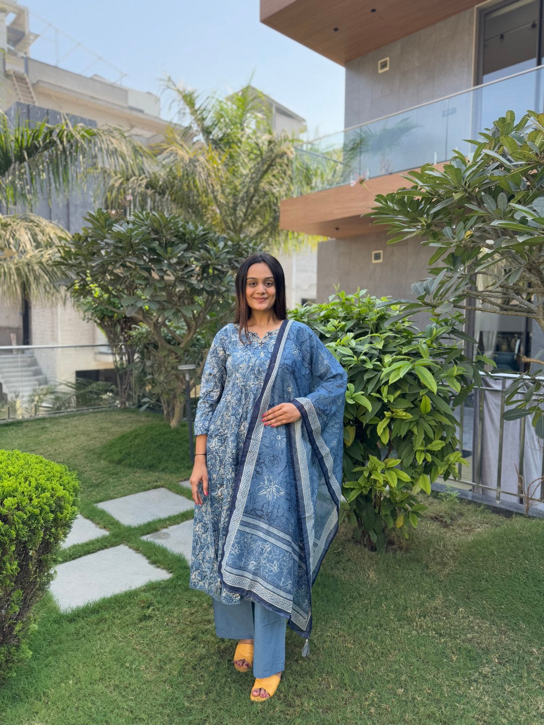 Elegant Blue Cotton Anarkali Set with Handwork and Printed Dupatta