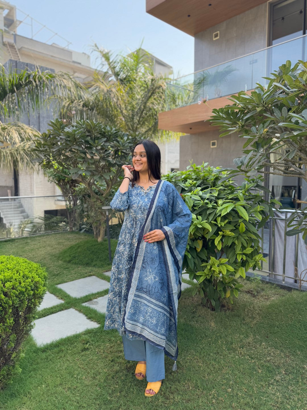 Elegant Blue Cotton Anarkali Set with Handwork and Printed Dupatta