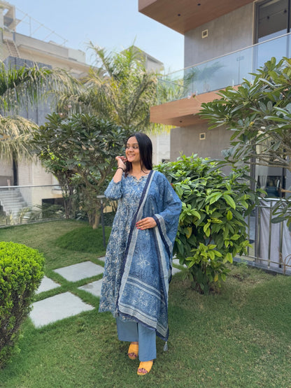 Elegant Blue Cotton Anarkali Set with Handwork and Printed Dupatta