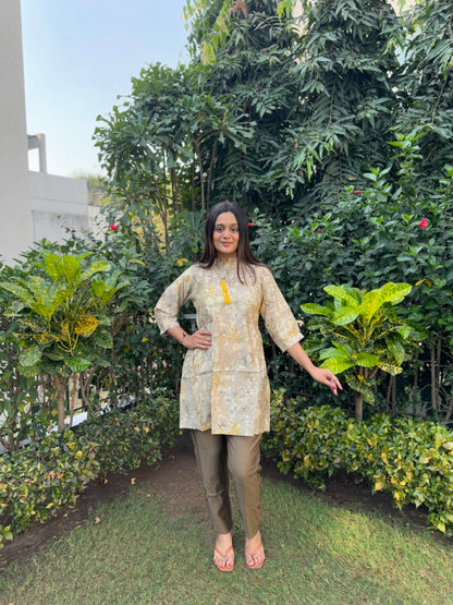 Brown Fancy Tunic V-neck Co-ord set