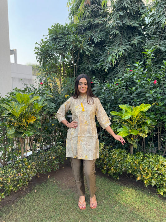 Brown Fancy Tunic V-neck Co-ord set