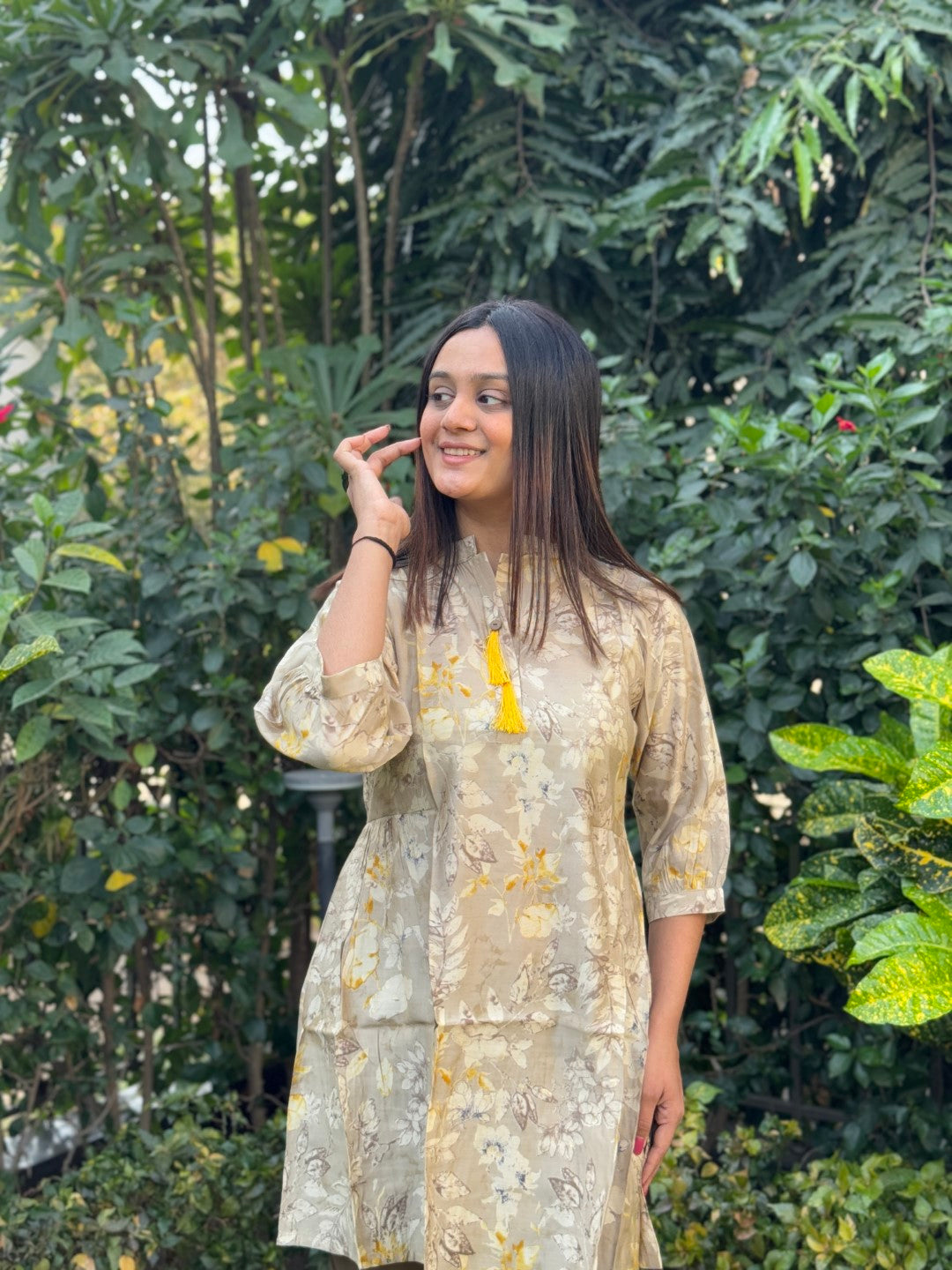 Brown Fancy Tunic V-neck Co-ord set
