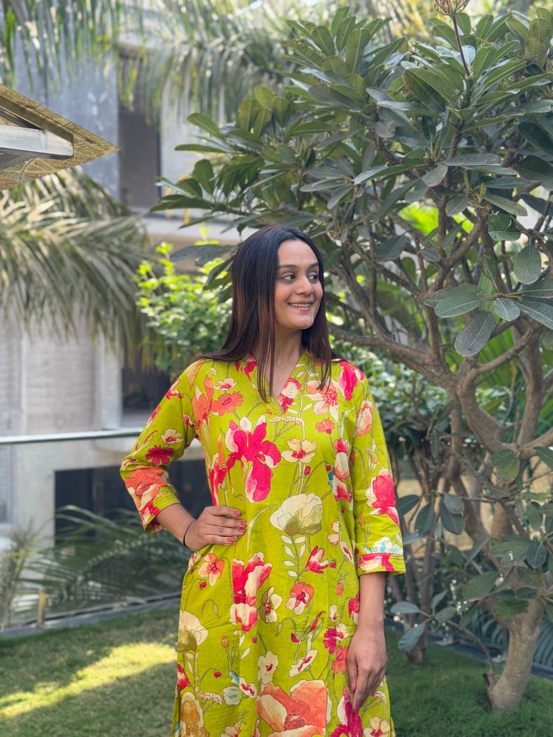 V-Neck Parrot Cotton Co-ord Set With Plazzo