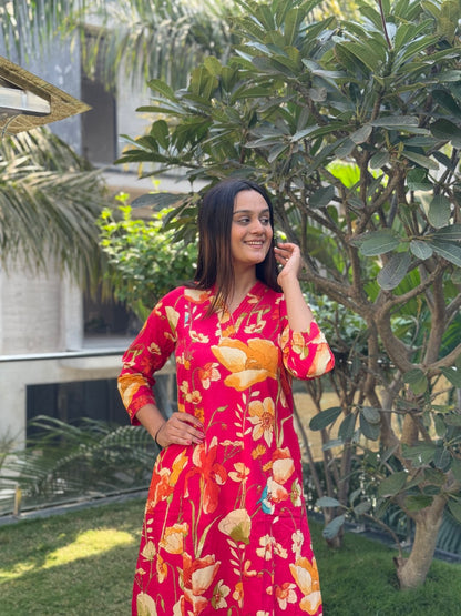 V-Neck Red Cotton Co-ord Set