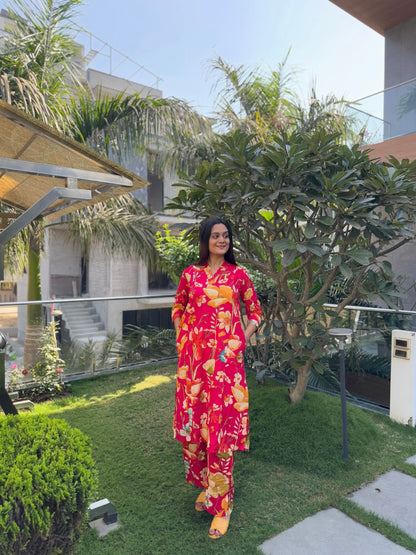 V-Neck Red Cotton Co-ord Set