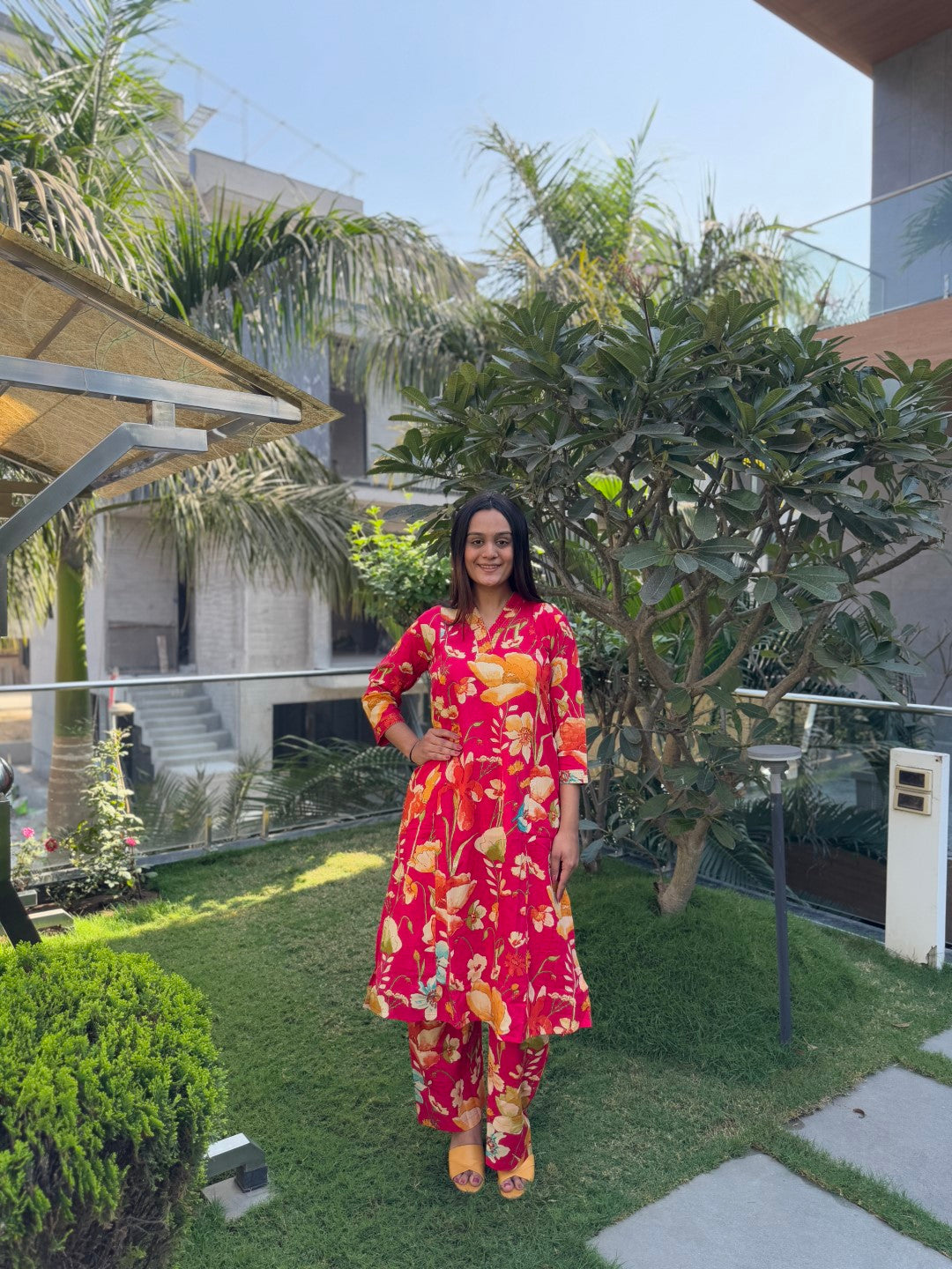 V-Neck Red Cotton Co-ord Set