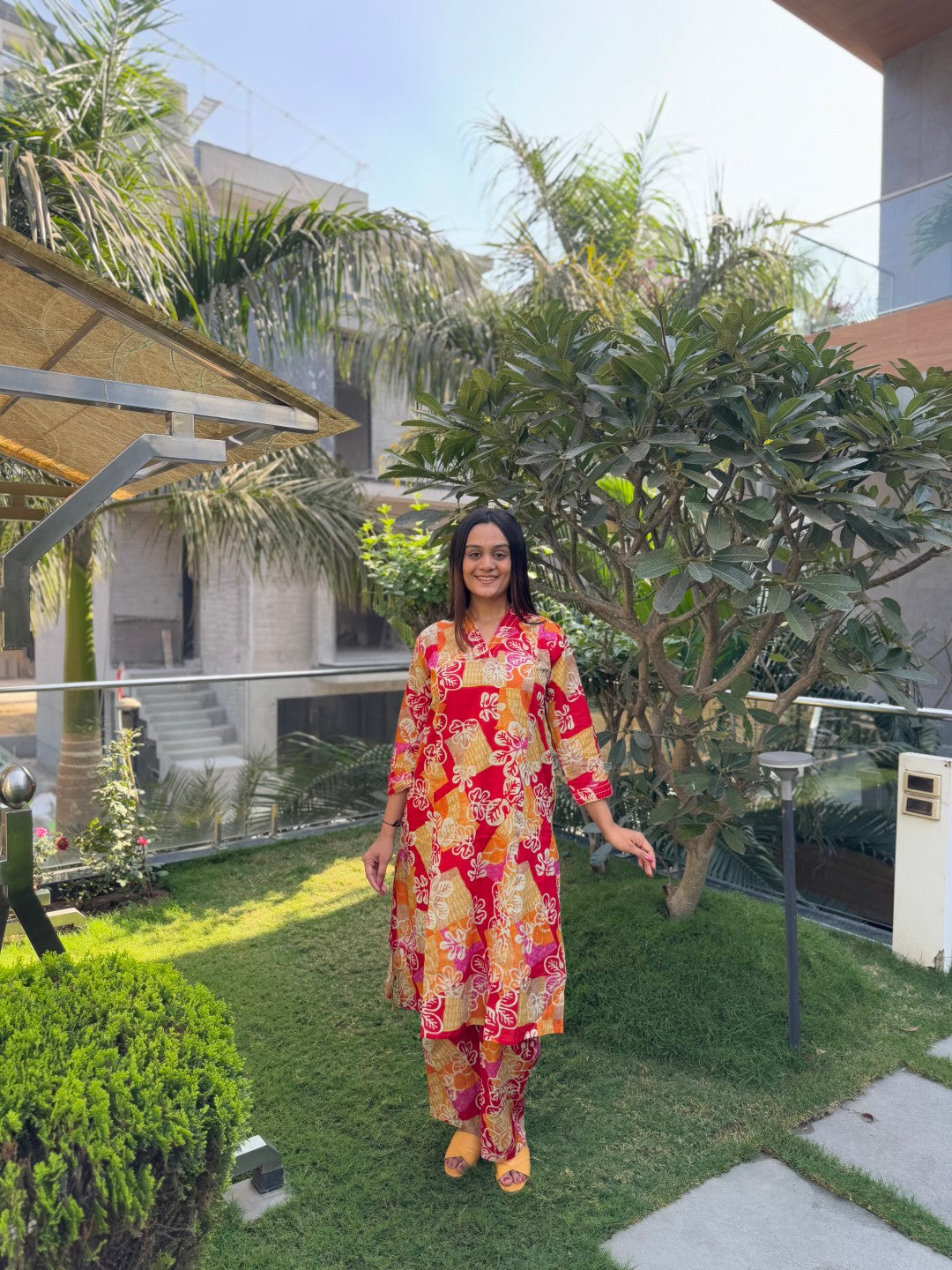 V-Neck Red Cotton Co-ord Set With plazzo