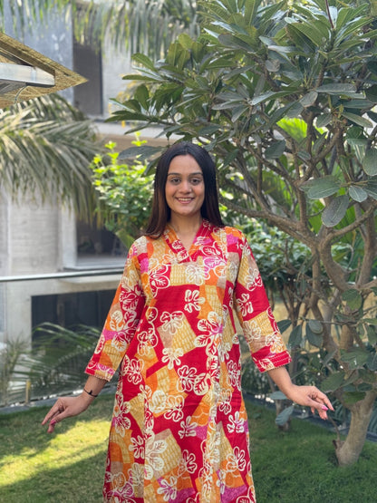V-Neck Red Cotton Co-ord Set With plazzo