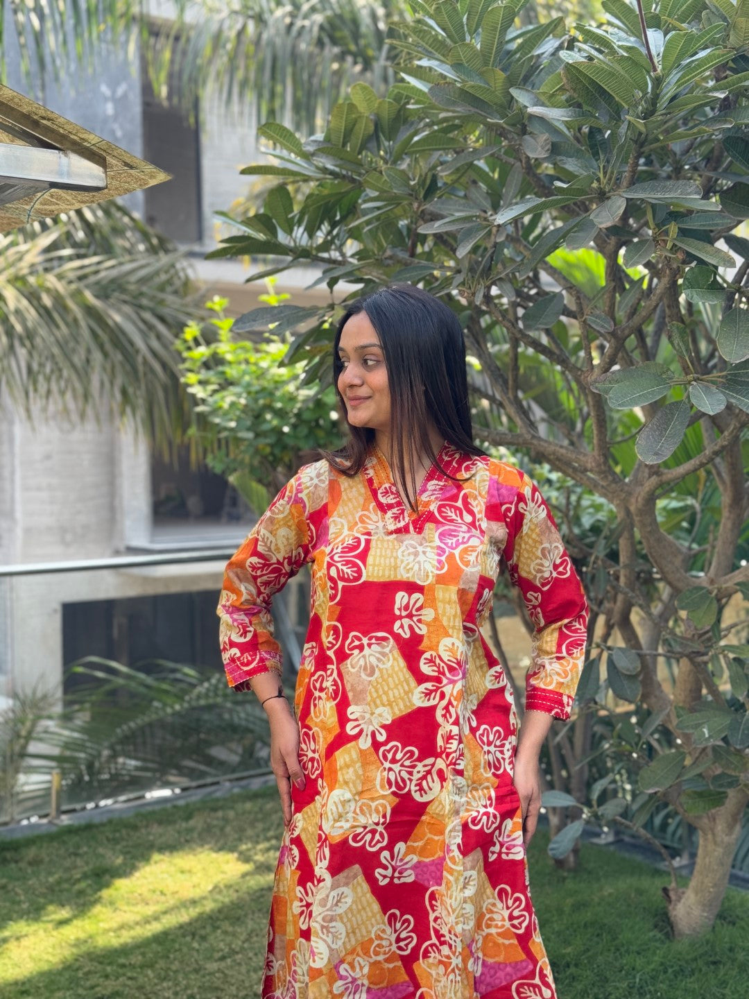 V-Neck Red Cotton Co-ord Set With plazzo