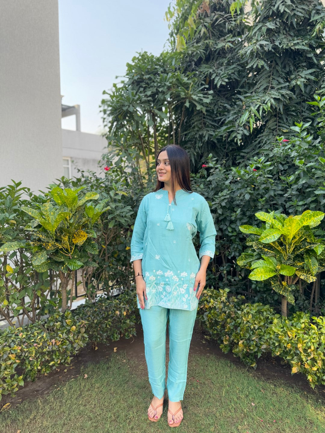 Embroidery Cyan Green Viscose Muslin Co-Ord set