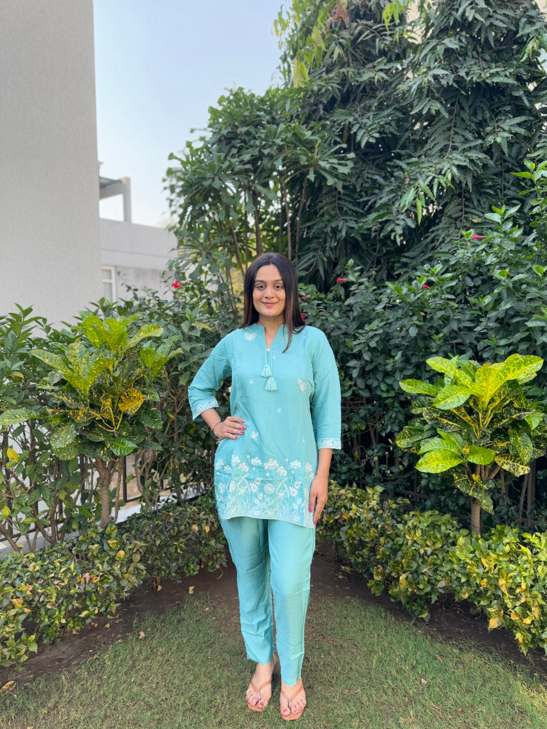 Embroidery Cyan Green Viscose Muslin Co-Ord set