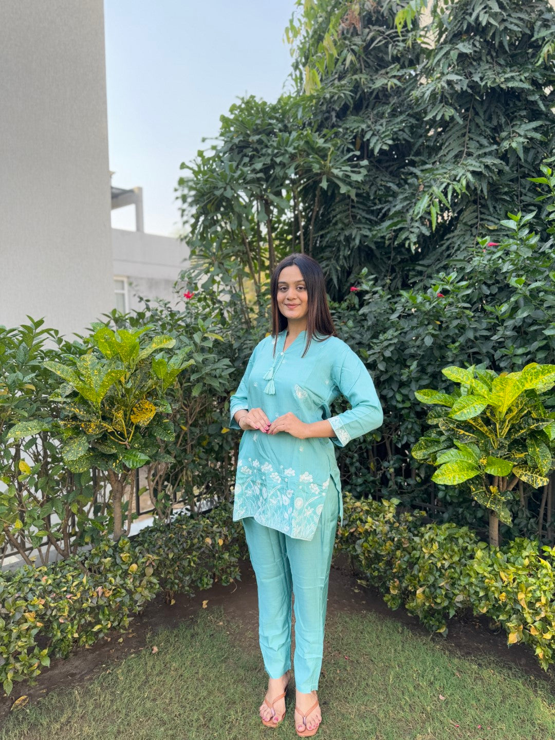 Embroidery Cyan Green Viscose Muslin Co-Ord set