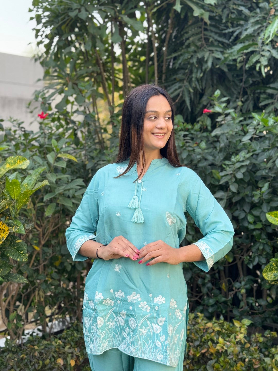 Embroidery Cyan Green Viscose Muslin Co-Ord set