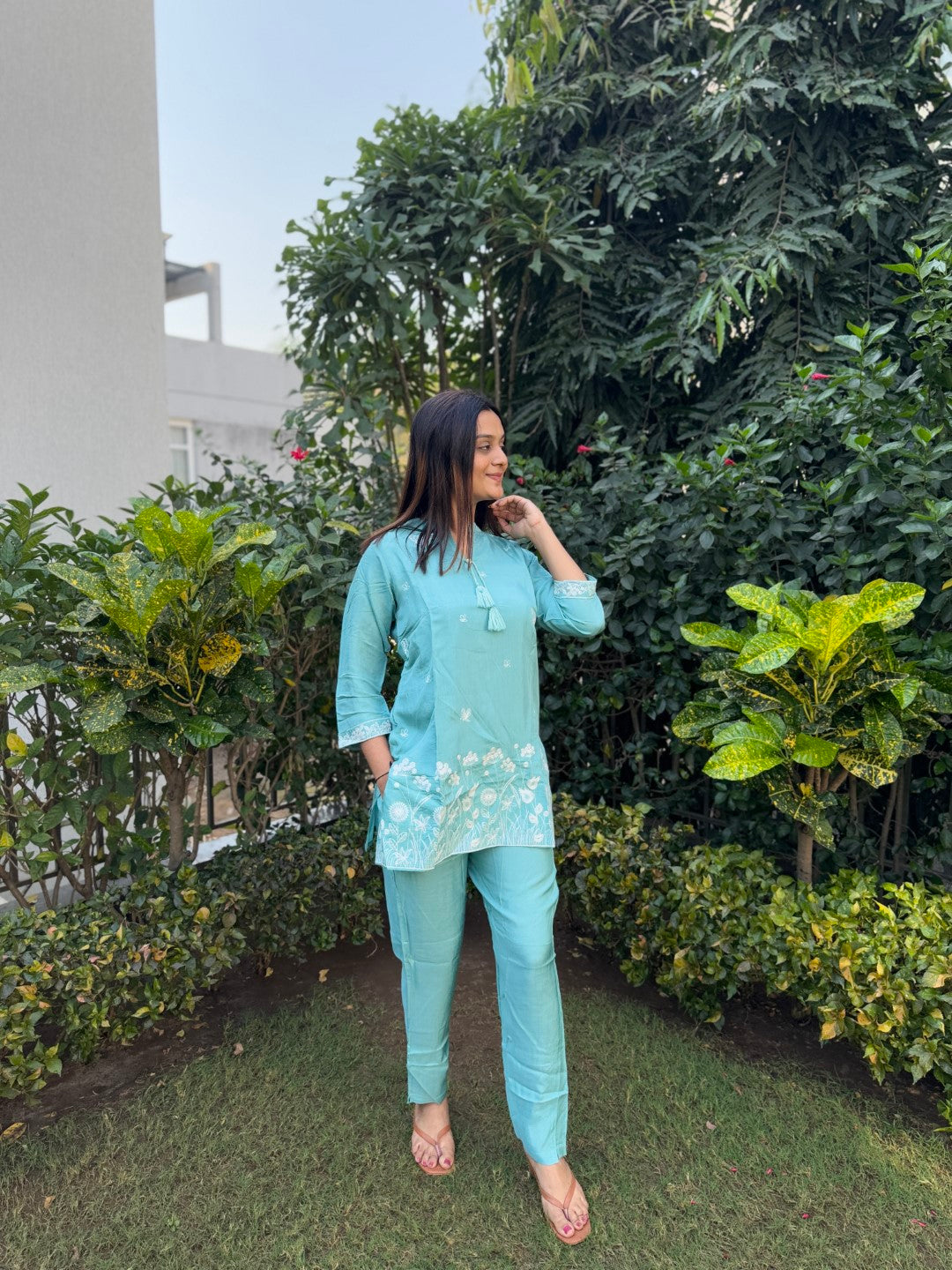 Embroidery Cyan Green Viscose Muslin Co-Ord set