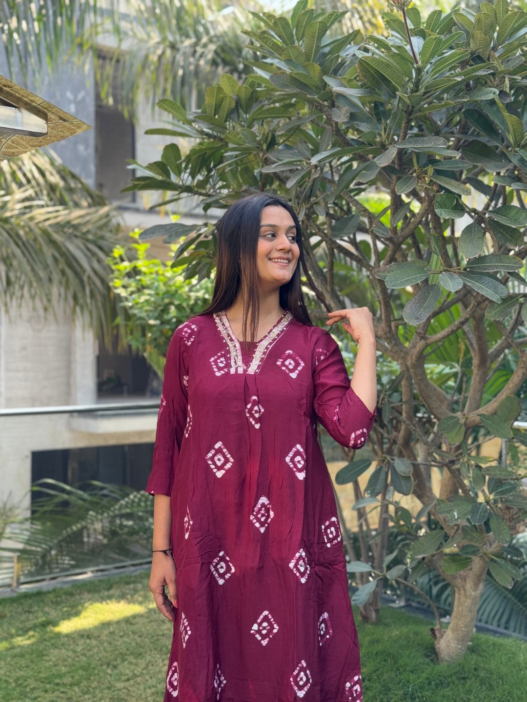 Pure Visscose Muslin V-Neck Maroon Kurti Pant Set