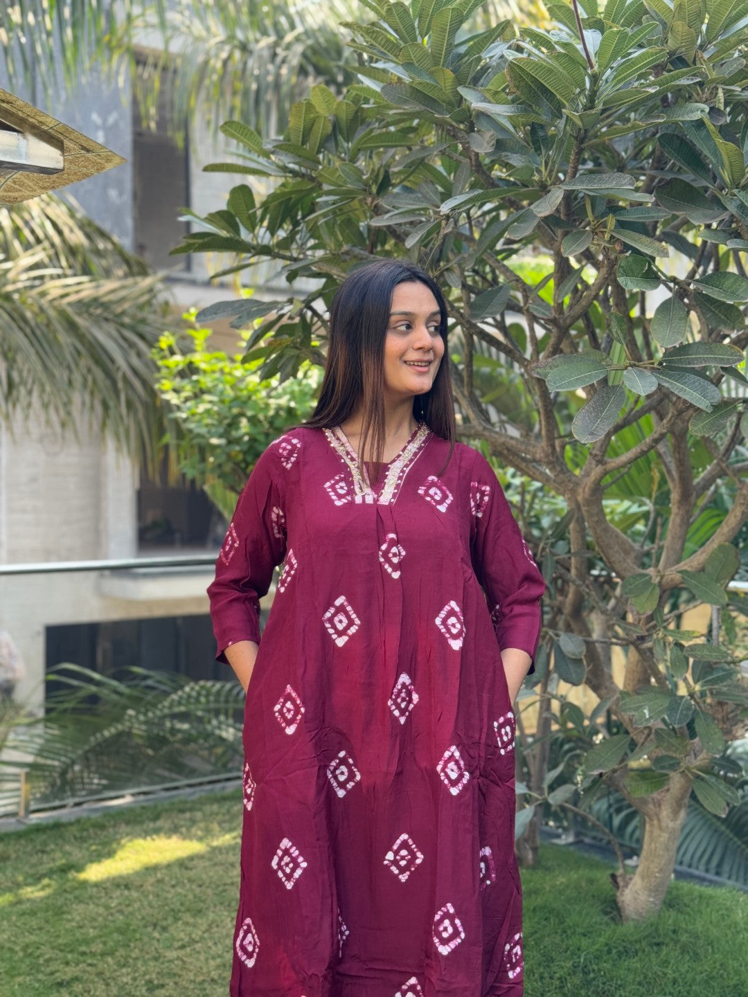 Pure Visscose Muslin V-Neck Maroon Kurti Pant Set