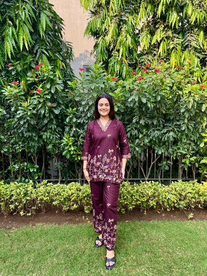 Wine Printed Cotton Co-Ord Set