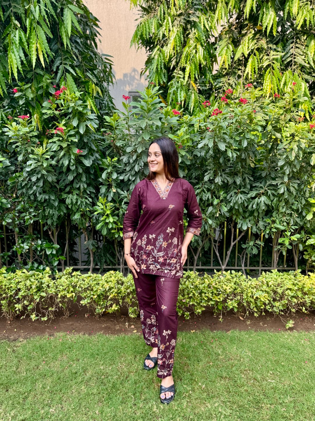 Wine Printed Cotton Co-Ord Set