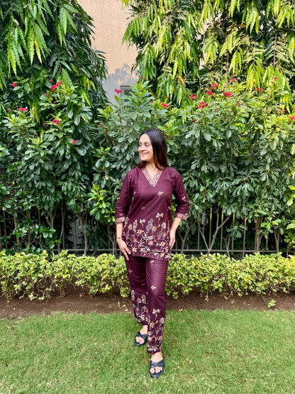 Wine Printed Cotton Co-Ord Set