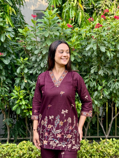 Wine Printed Cotton Co-Ord Set