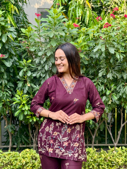Wine Printed Cotton Co-Ord Set