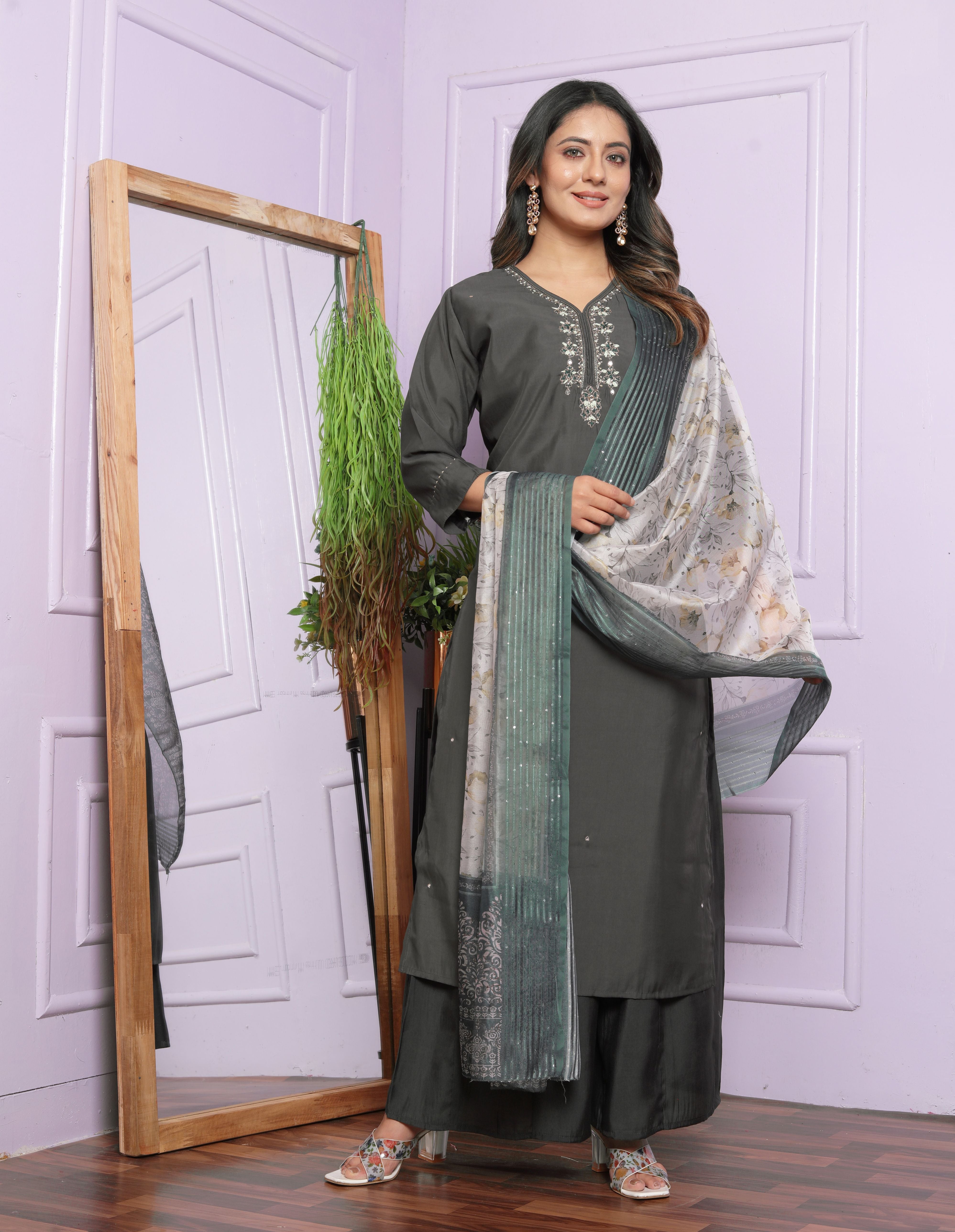 Grey Straight Roman Silk Suit Set