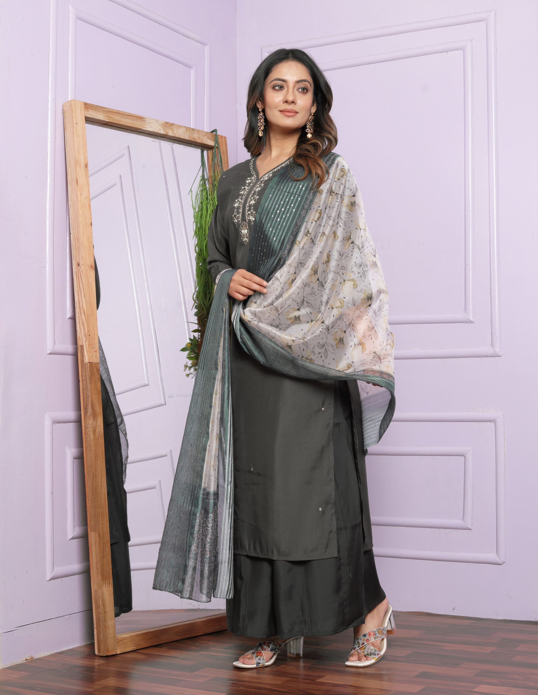 Grey Straight Roman Silk Suit Set