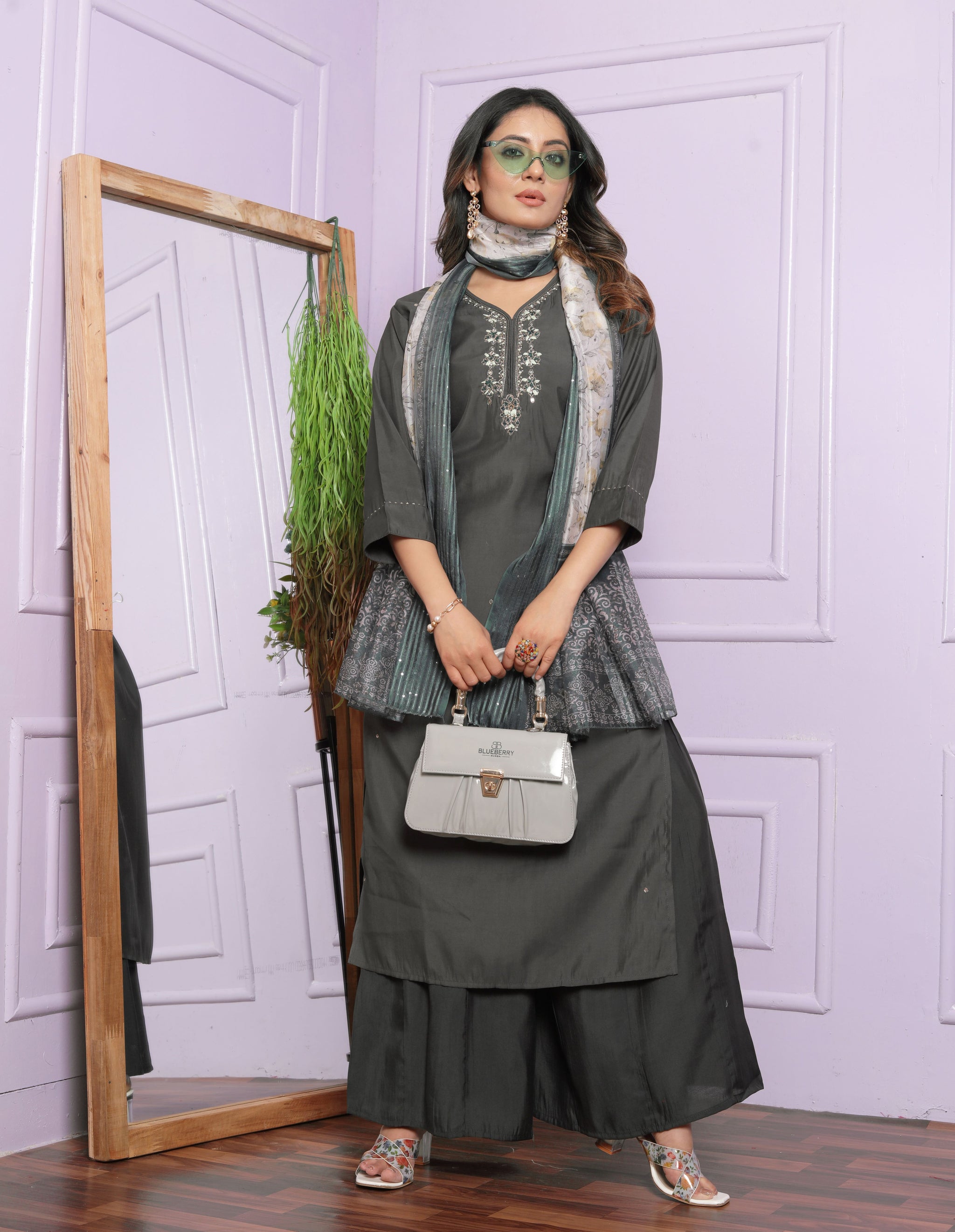Grey Straight Roman Silk Suit Set